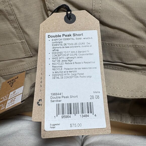 Prana Double Peak Short UPF 50+ Men's Size 28 8" inseam Sandbar New With Tags! - Picture 4 of 8